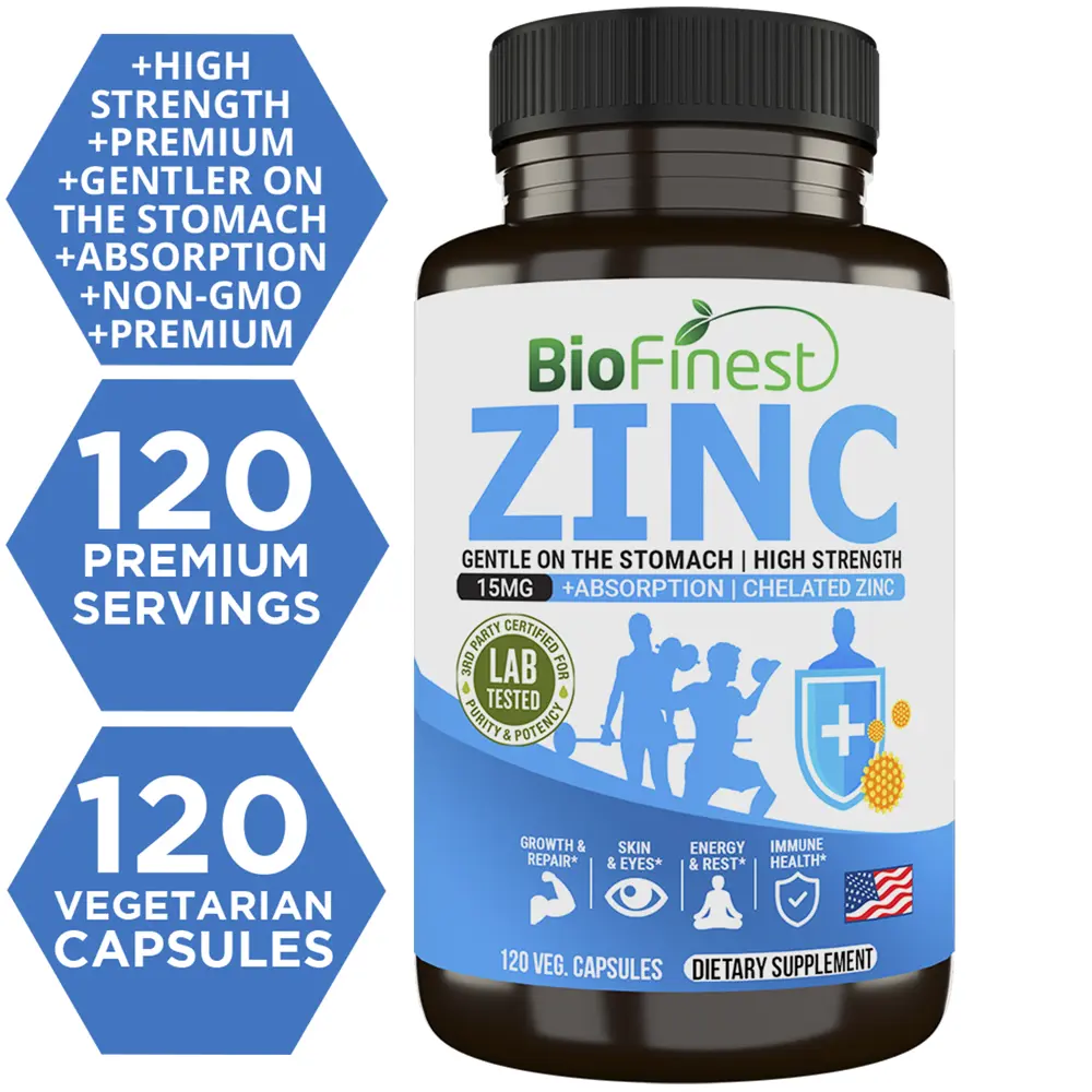 Biofinest Zinc 15mg Supplement – Chelated for Fast Absorption & Gentle on Stomach (120 Veg. Caps)
