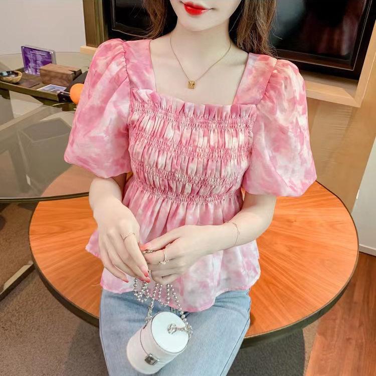 Áo Sơ Mi Hoa Cao Cấp, Tay Áo Phồng, Màu Sắc, Xếp Ly, Giảm Béo, Đa Năng, Ngọt Ngào, Voan, Mùa Hè Nữ Women Top Màu Hồng Voi Shirt 5