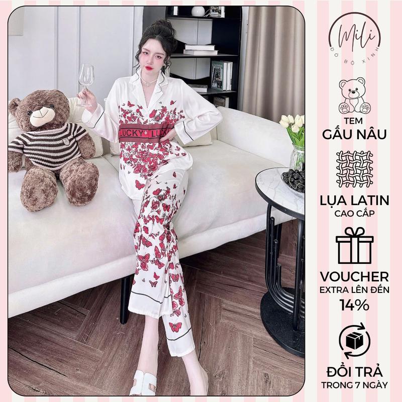 Tem Gấu Nâu Đồ Bộ Pijama Nữ Big Size MiLi – Lụa Latin Cao Cấp Áo Tay Dài Cổ Vuông Nhọn Quần Dài Có Túi Đồ Ngủ Xinh