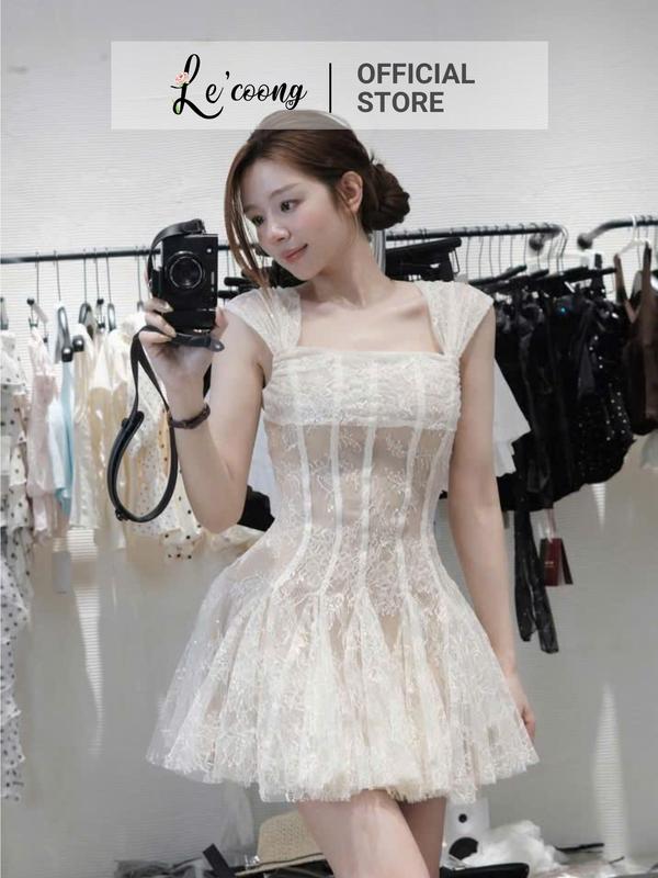 Váy Thiết kế Ren Form Xòe LECOONG V872 Váy Đẹp Màu Be Tay Nhỏ Tiểu Thư Sang Chảnh