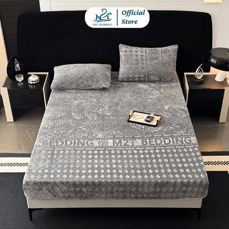 Ga giường và vỏ gối nỉ nhung cao cấp M2T BEDDING họa tiết in vân chìm sang trọng quý phái kích thước m6/m8/2m2
