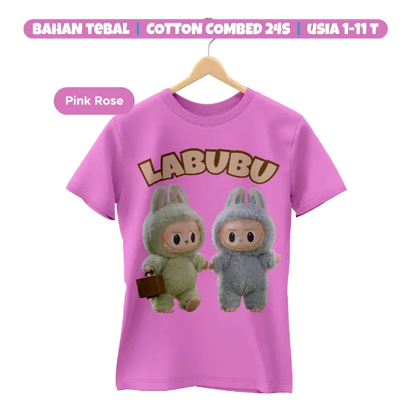 Kaos Anak Cewek Cowok Labubu 2 Katun Combed 24s 1-11 th Kain Tebal Cotton Perempuan 1