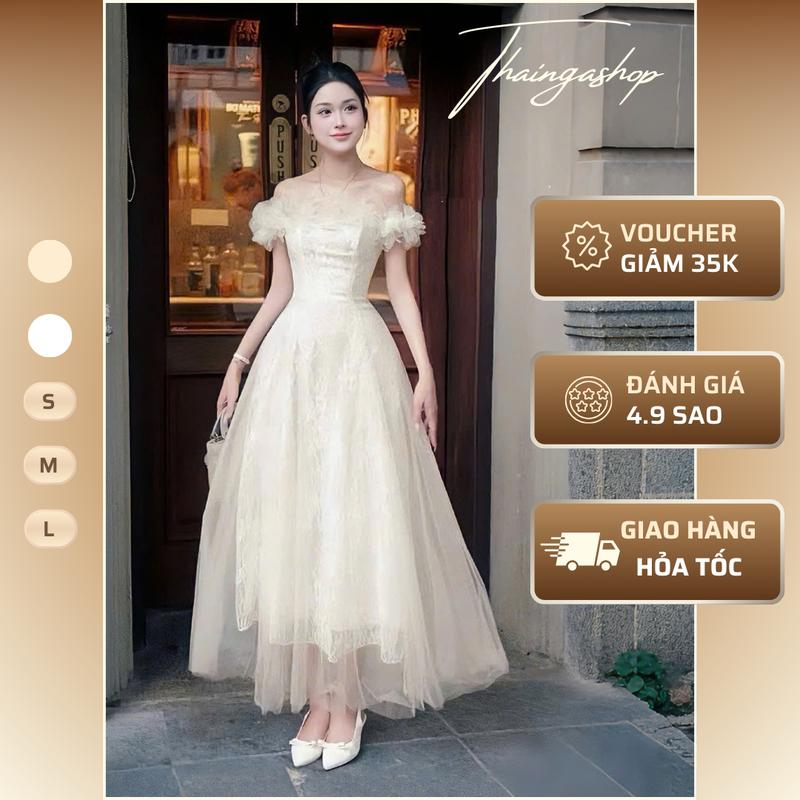 Đầm dự tiệc dáng dài trễ vai ren hoa phối lưới màu nude màu trắng  size S M L tiểu thư sang chảnh Đầm voan tơ trễ vai xoè bồng