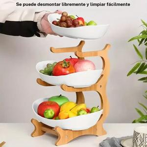 Cesta de frutas ovalada de 3 niveles con soporte de bambú - Estante de almacenamiento de cocina de polipropileno, diseño moderno para duchas, cesta de frutas para la cocina, bandeja de servir para fiestas.