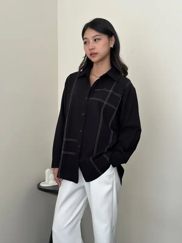ASOKA Twila Shirt 2289 - Contrast Stitching Oversize Blouse Long Sleeve - Atasan Wanita Kemeja Kasual Linen Baju Panjang 3