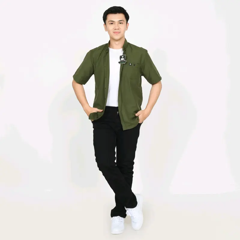 Army Kemeja Polos Couple Ayah dan Anak Lengan Pendek Kemeja Pria Dewasa Dan Anak Laki Laki Warna HIJAU ARMY Fashion Baju Katun Panjang Santai Navy Hitam Keluarga Putih 6