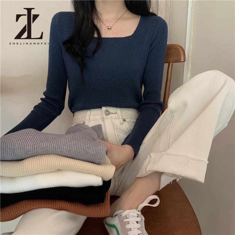 Áo kiểu dệt kim tay dài cổ vuông ôm dáng vừa vặn dễ phối đồ phong cách phương Tây