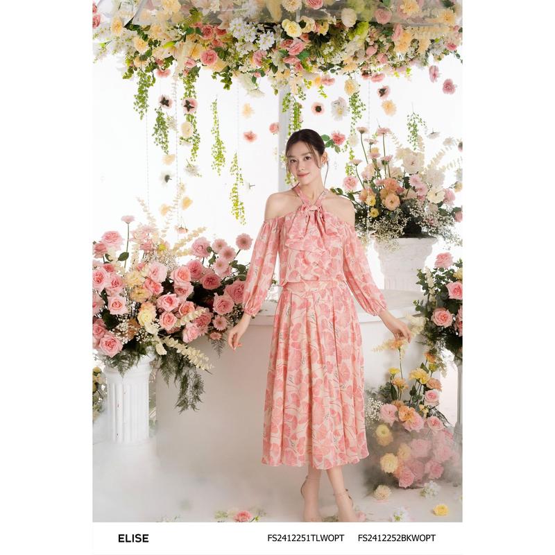  Áo chiffon hoa ginkgo hồng hở vai nơ cổ thiết kế Elise O2O mã FS2412251TLWOPT 