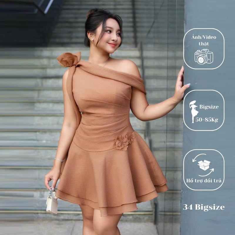  Đầm tơ lệch vai 34DA062 đầm tiểu thư dáng xòe thắt nơ vai dành cho nữ bigsize phù hợp dự tiệc đi chơi 