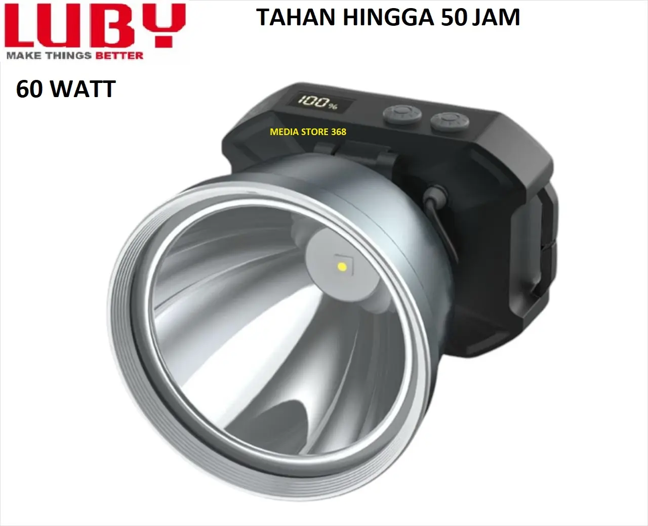 Senter Kepala LED 60W Luby L-2908L dengan Indikator Display, Baterai 6.000mAh, Tahan Hingga 50 Jam, Waterproof dan Rechargeable