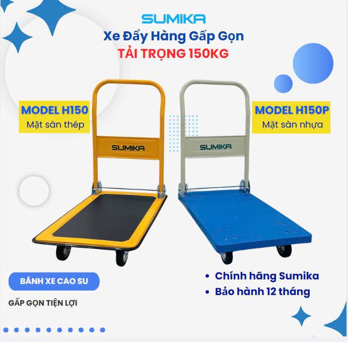 Xe đẩy hàng gấp gọn SUMIKA H150, H150P, tải trọng 150kg, 4 bánh xe, sàn thép và sàn nhựa