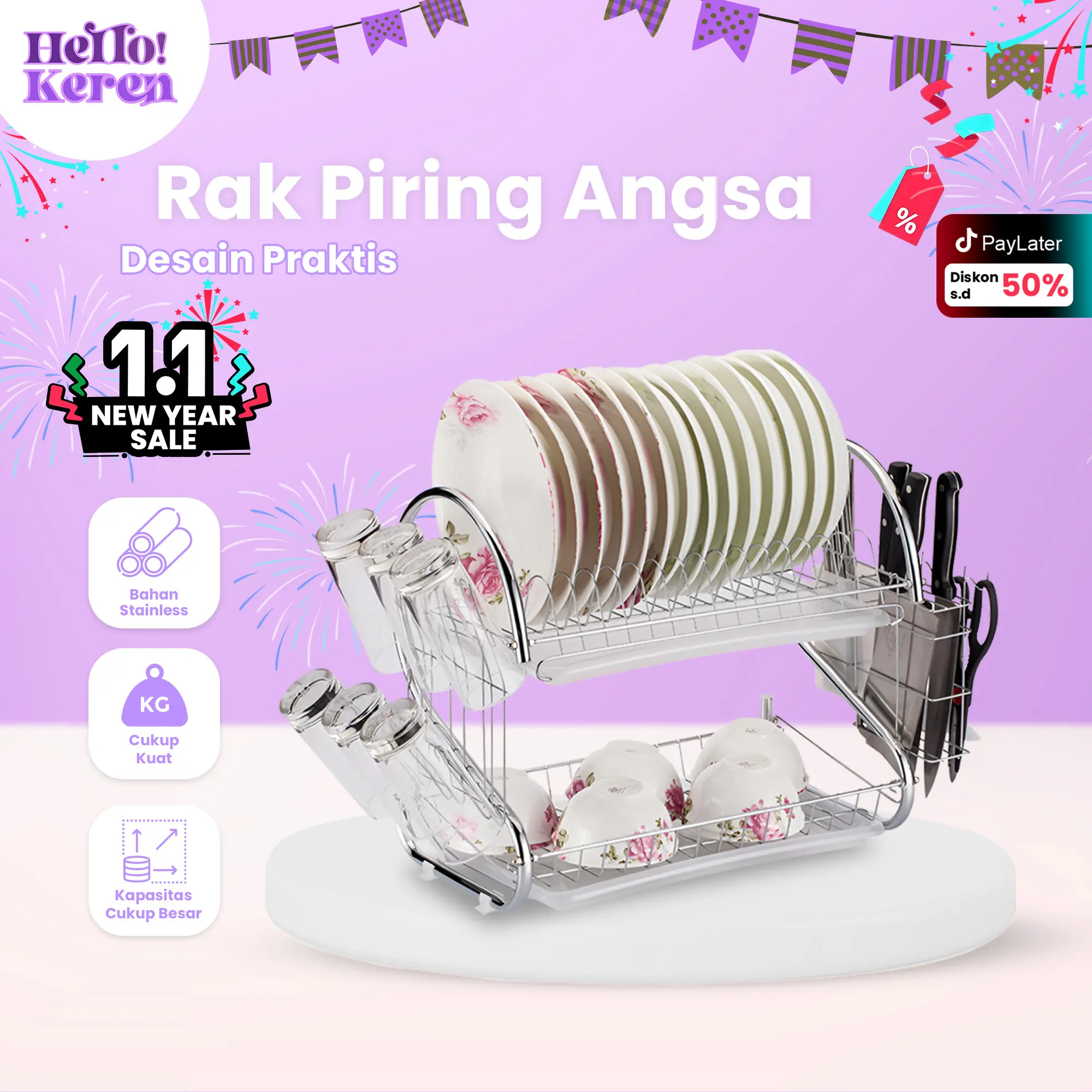 COD KEREN - Rak Piring Stainless Minimalis 2 Susun Leher Angsa Dilengkapi Gantungan Gelas Dan Wadah Peralatan Makan