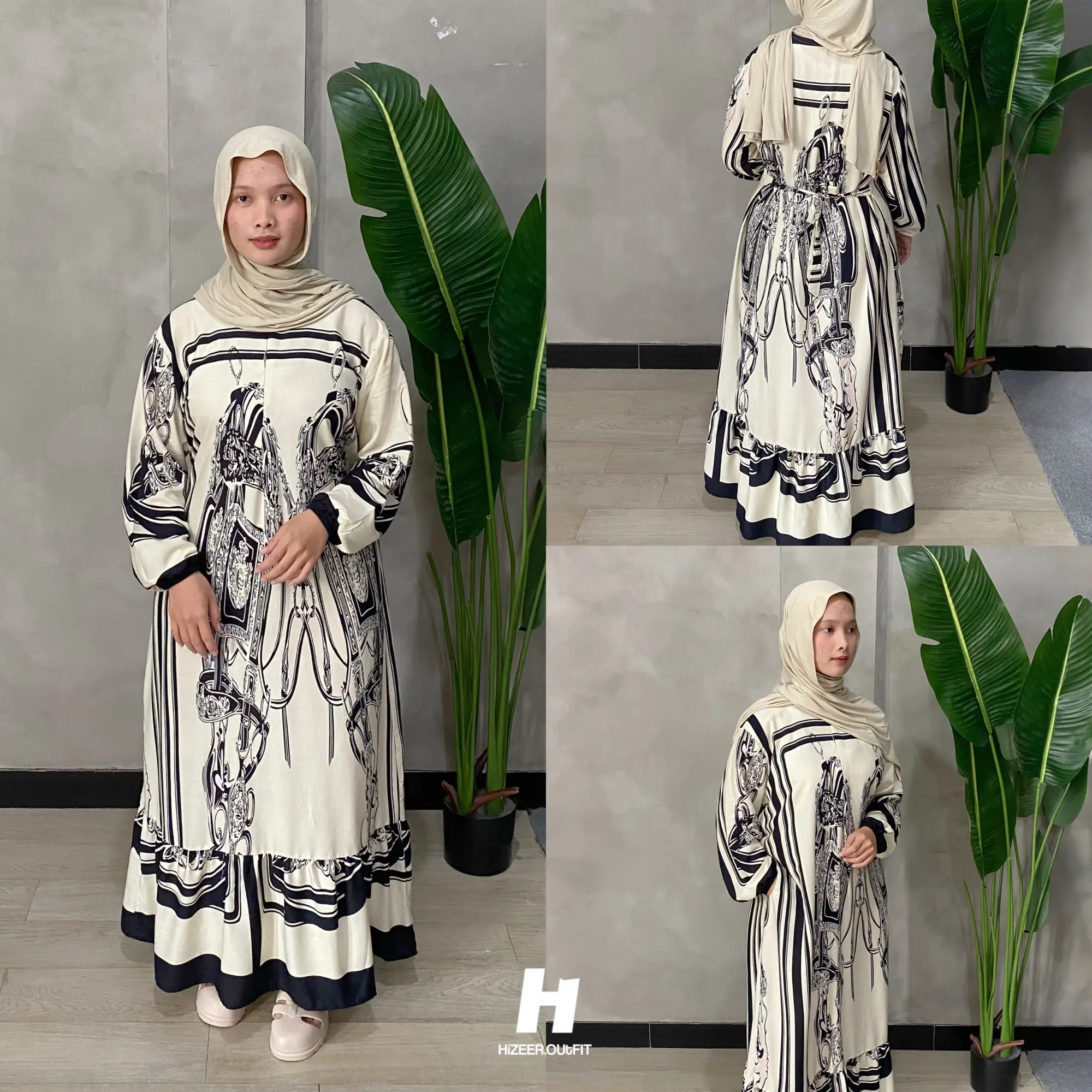 Long Dress Ruffle Gamis Rayon Wanita Tali Pinggang Busui