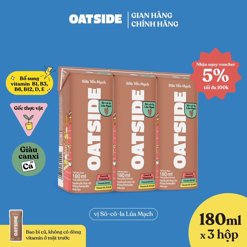 Sữa yến mạch OATSIDE vị Sô-cô-la lúa mạch Chocolate lốc 180ml x 3 - Không lactose, Đậm vị, Làm từ Cacao thật
