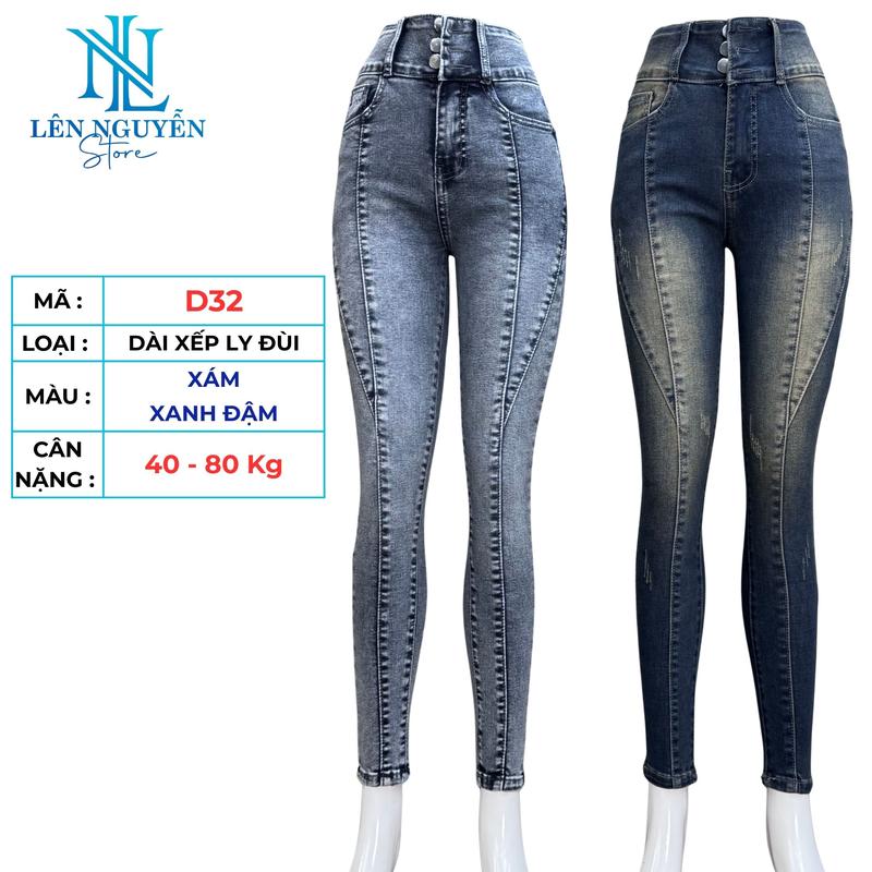 D32 [ Len Nguyen Store ] Quần Jean (Bò) Nữ , Lưng Cao 3 Nút, Dài 95-97cm, Màu Nhạt Trơn, Xanh Rách, Size 40kg-80kg, Thiết Kế Xếp Ly Đùi , Co Giãn, Mền Mịn, Bigsize, Hotgirl, Skinny, Ống Ôm,Trẻ Trung, Tự Tin, Dễ Phối Đồ. Women Pants Denim