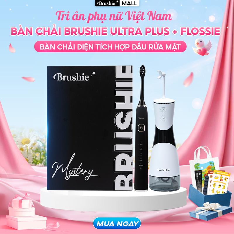 [FLASH SALE GIỚI HẠN] Combo bàn chải điện Brushie Ultra Plus chính hãng và tăm nước FLOSSIE ULTRA đầu phun 2 chiều hỗ trợ làm sạch hiệu quả  - TẶNG 2 TÚI CANVAS + 2 KEM ĐÁNH RĂNG + 4 TẤM STICKER