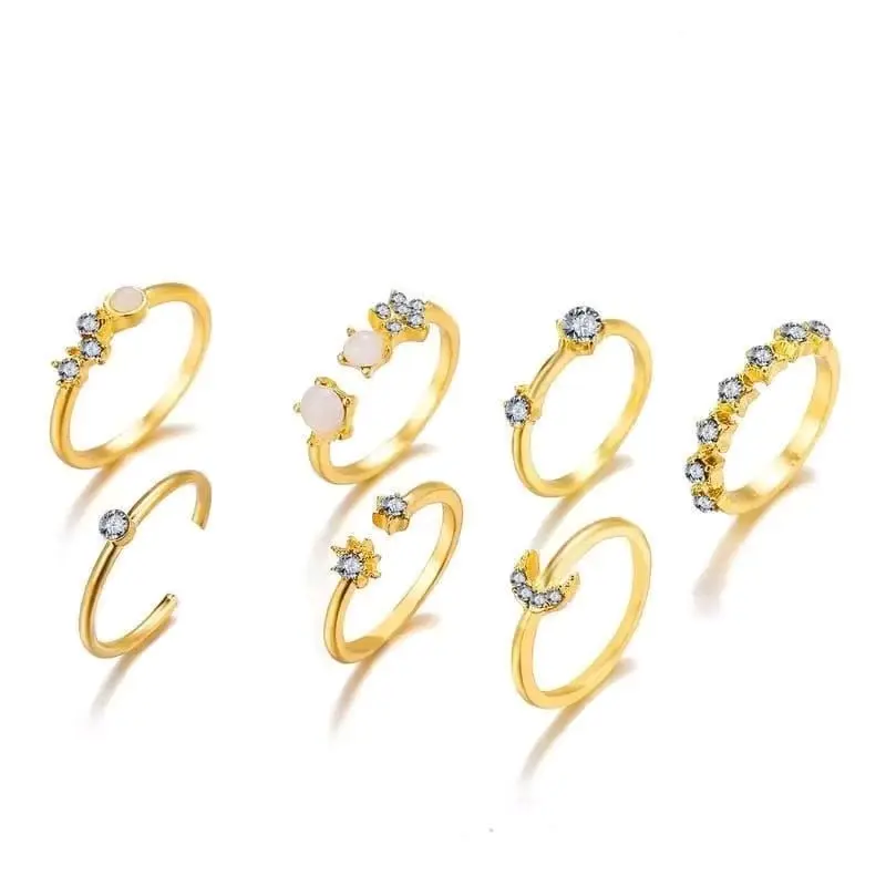Cincin Vintage Gold Crystal | Ring Bohemian Moon Star | Rings Women Finger | Ring Wedding Retro Emas Perempuan Titanium 3