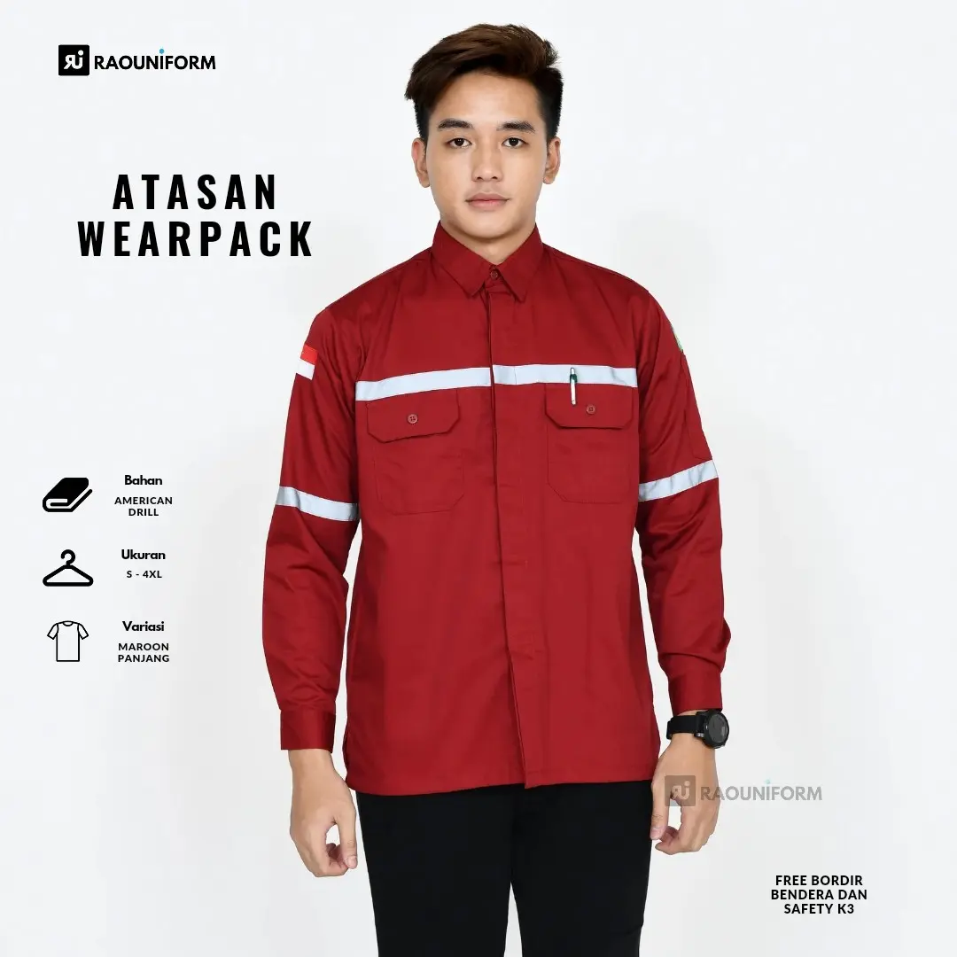 wearpack maroon tangan panjang/baju lapangan panjang/kemeja kerja pronyek/seragam kantor tambah bordir/baju teknisi Abu Biru   Atasan Safety Merah Putih