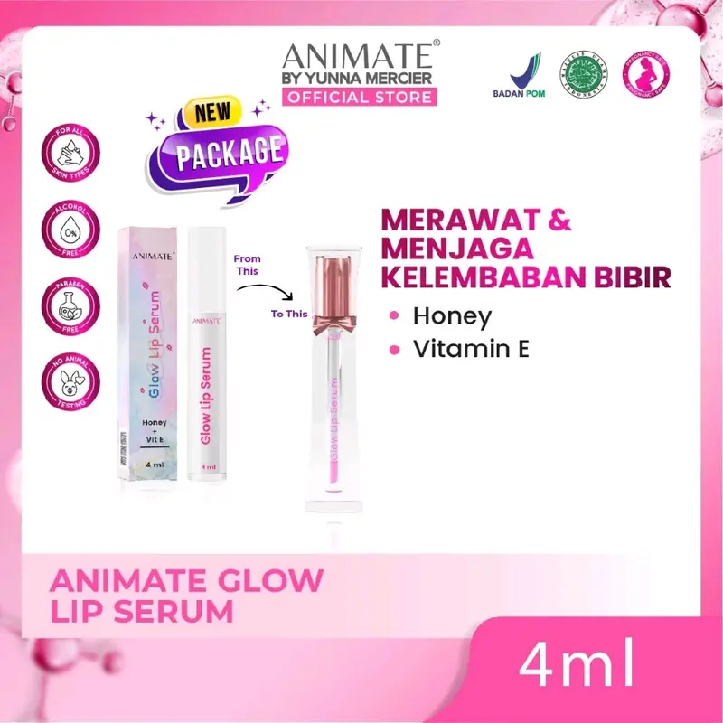 Animate Glow Serum Lip serum 4ml  animate Melembabkan Bibir Kering dan Pink alami Vitamin Pemerah bibir 1
