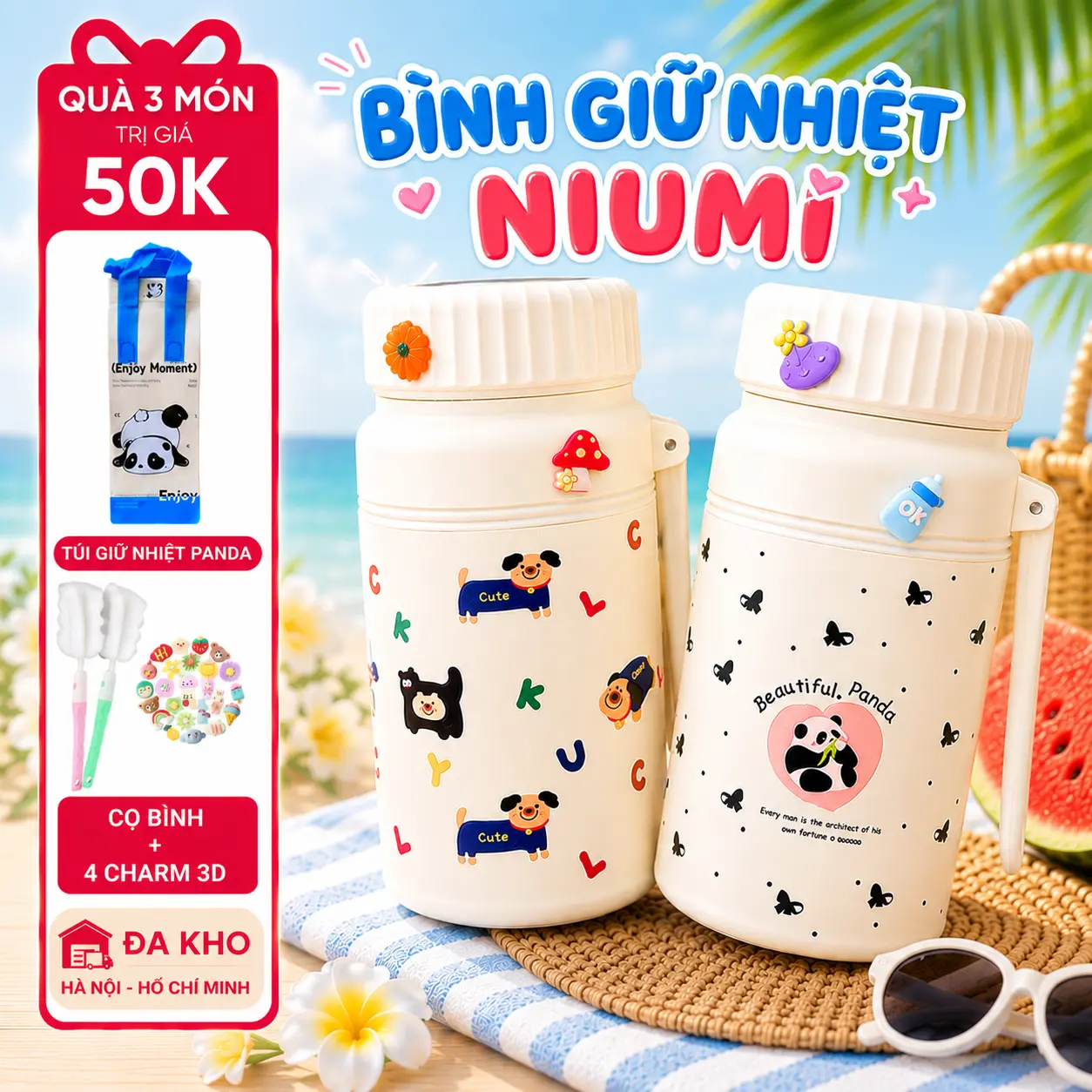 <Tặng Túi Giữ Nhiệt> Bình Giữ Nhiệt 1000ml Inox 316 NIUMI Hoạ Tiết Dễ Thương Fashion Cup Có Lưới Lọc Trà Tiện Lợi