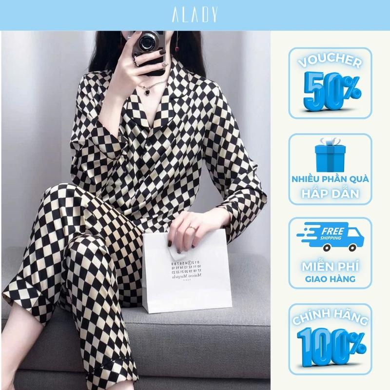 ALADY TD040 - Đồ bộ nữ Pijama lụa Latin sọc caro đen cao cấp mềm mại và thoáng mát Quần Ngủ