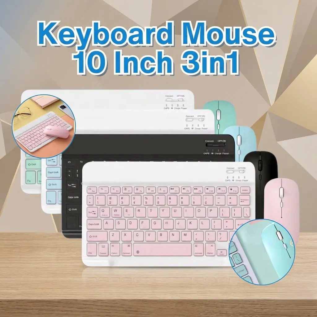 Keyboard Mouse 10 Inch 3 in 1 Wireless Bluetooth Set Lightweight Portable Computer Kabel Tablet Baterai Lampu Device