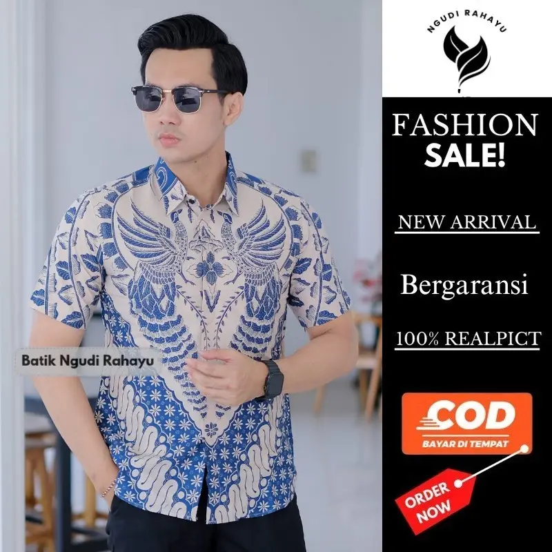 Baju batik modern style batik rrmaja aesthetic Katun Nyaman Slimfit Pendek Pria Seragam Kantor Motif Hem Kerja Biru Formal