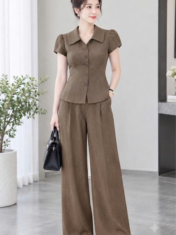 Set Bộ Đũi Vân Mây Nữ Áo Sơ Mi Tay Ngắn Cổ Bẻ Hàn Quốc Phối Quần Dài Ống Suông, Đồ Bộ Nữ Thanh Lịch Sang Trọng Đi Làm Đi Chơi