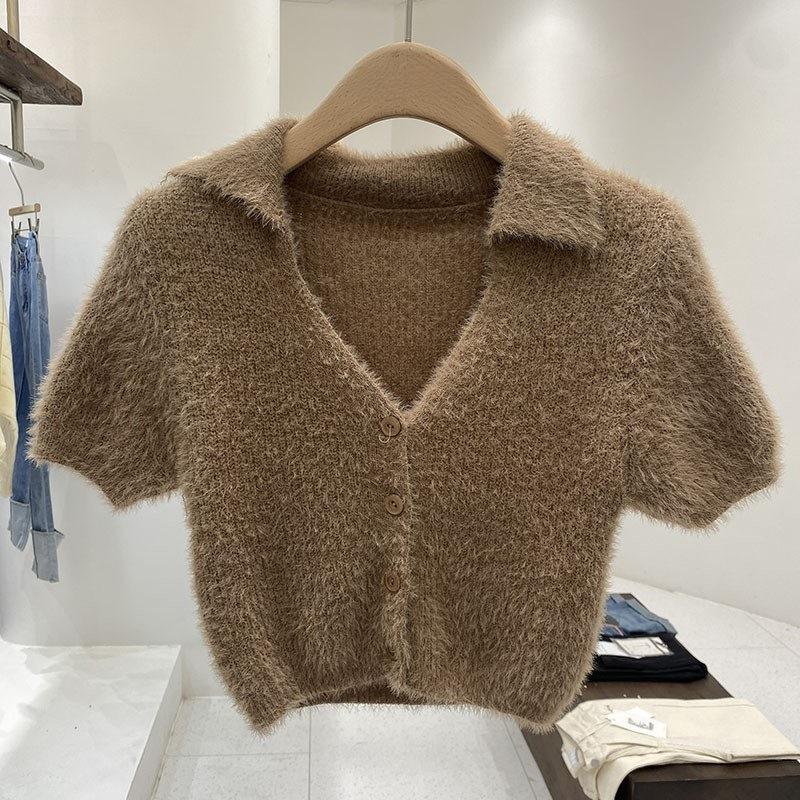 Áo Len Ngắn Tay, Phong Cách Dễ Thương Và Gợi Cảm, Dành Cho Nữ, Thiết Kế Xuân Thu Và Mùa Đông, Áo Polo, Ngắn, Phong Cách Hàn Quốc, Áo Cô Gái Nóng Bỏng Nhỏ