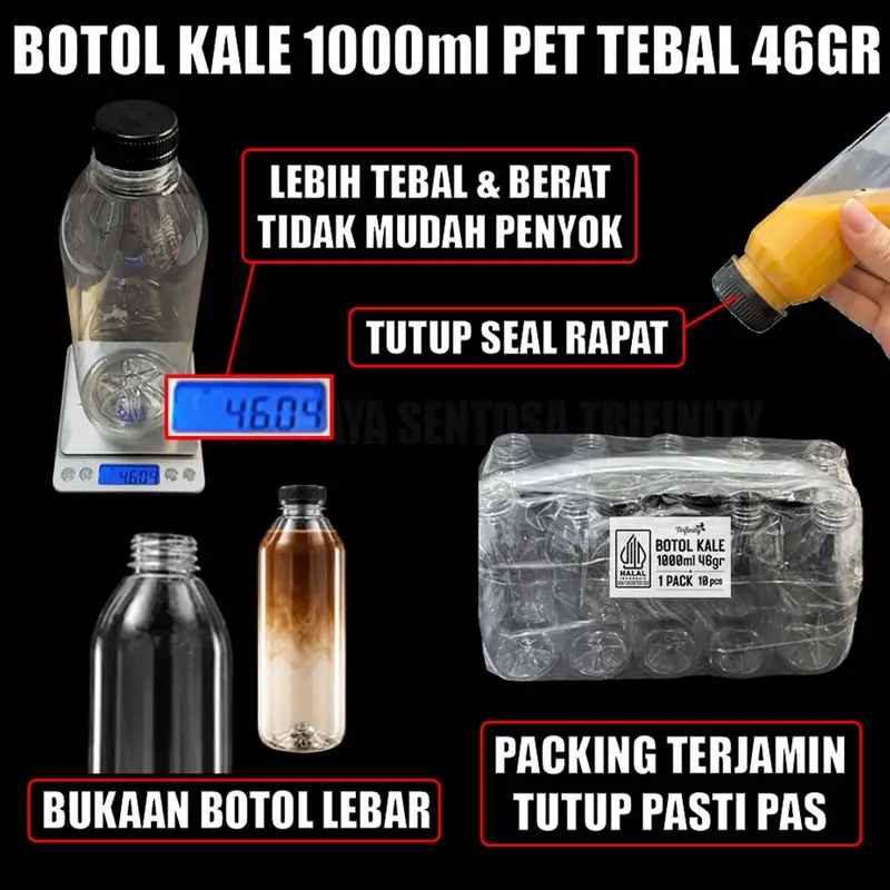 Botol Kale Tebal 46gr Tutup Segel Rapat Botol Plastik Kopi jus 250ml 500ml 1000ml Trifinity Pack JSP