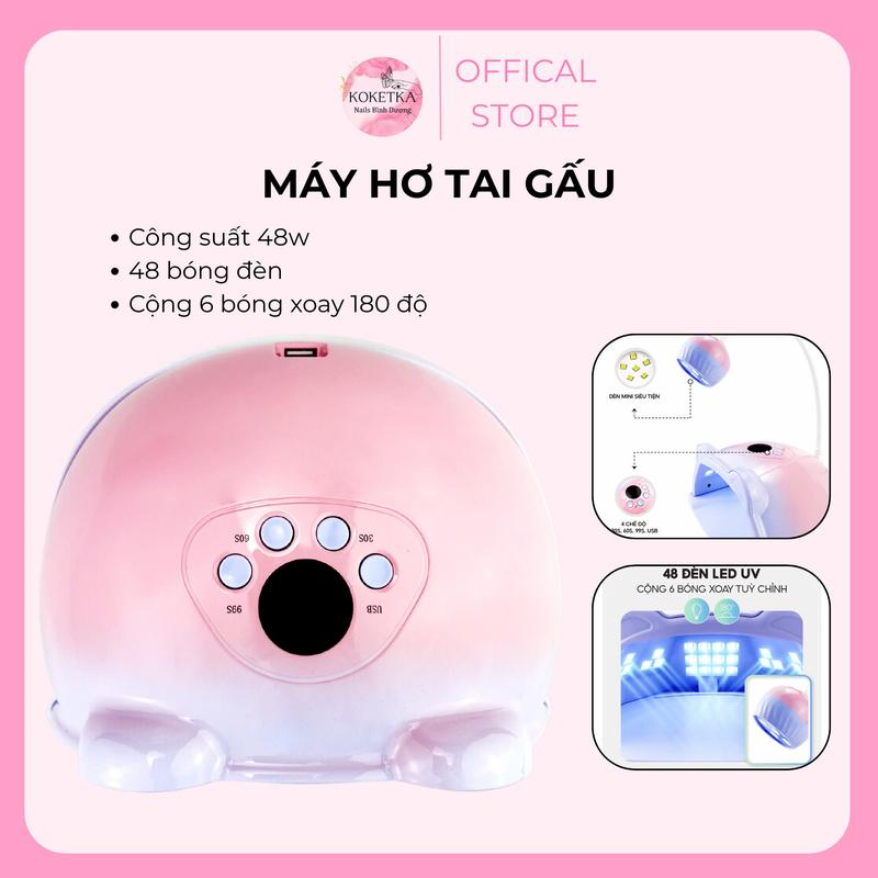 [HS -887]  Máy Hơ Gel Tai Gấu Màu Hồng 2In1 48 Đèn Led UV + 6 Bóng Xoay 180 Độ