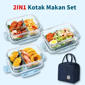 2IN1 Kotak Makan Siang Kaca Tahan Panas/1040ml Kotak Makan Siang Kaca Microwave/ Lunch Box