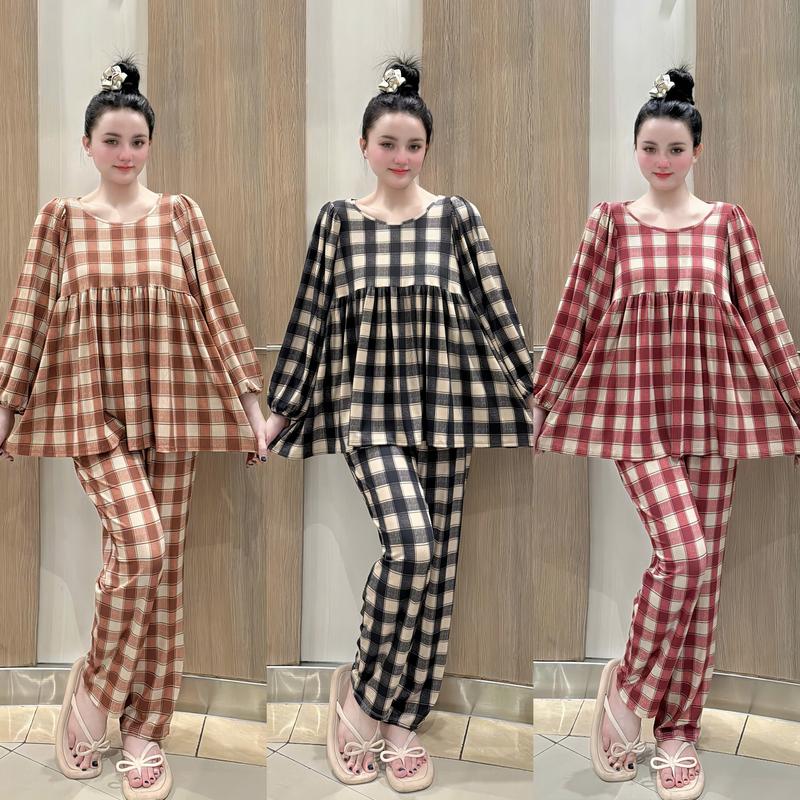  có đường may sau lưng set babydoll tay dài thun gân mặc nhà họa tiết caro dễ thương 