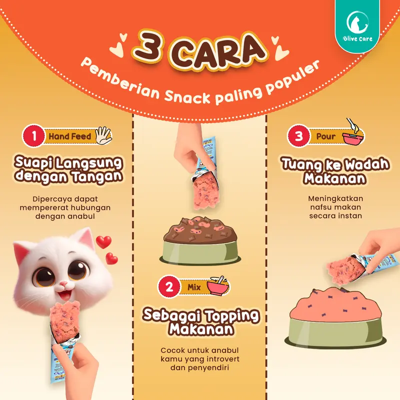 Olive Care PAKET CREAMY TREATS 16gr & 20gr Isi 5pcs Snack Cemilan Kucing Bernutrisi dengan Daging Ayam/Salmon/Tuna Asli with Red Spinach/Winter Squash/Highbush Blueberry 6