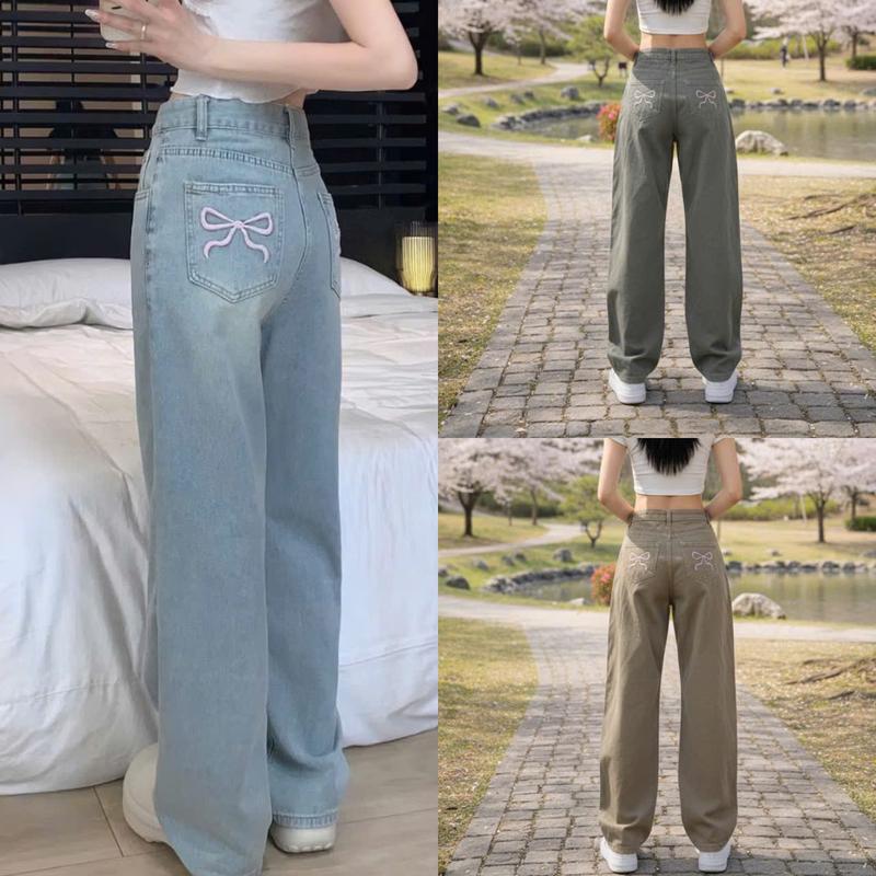  QUẦN ỐNG RỘNG JEANS NỮ THÊU NƠ HỒNG CẠP CAO HOTTREND 2025 Màu Xanh Size S M L Jean Ong Quần Jean Phong Cách Thời Trang 