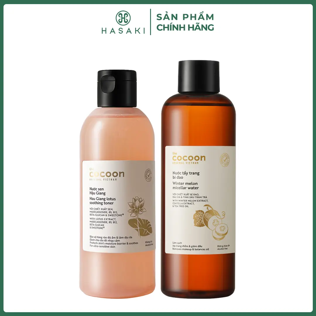 Combo Cocoon Nước Cân Bằng Sen Hậu Giang 310ml & Nước Tẩy Trang Bí Đao 500ml Hau Giang Lotus Soothing Toner + Winter Melon Micellar Water