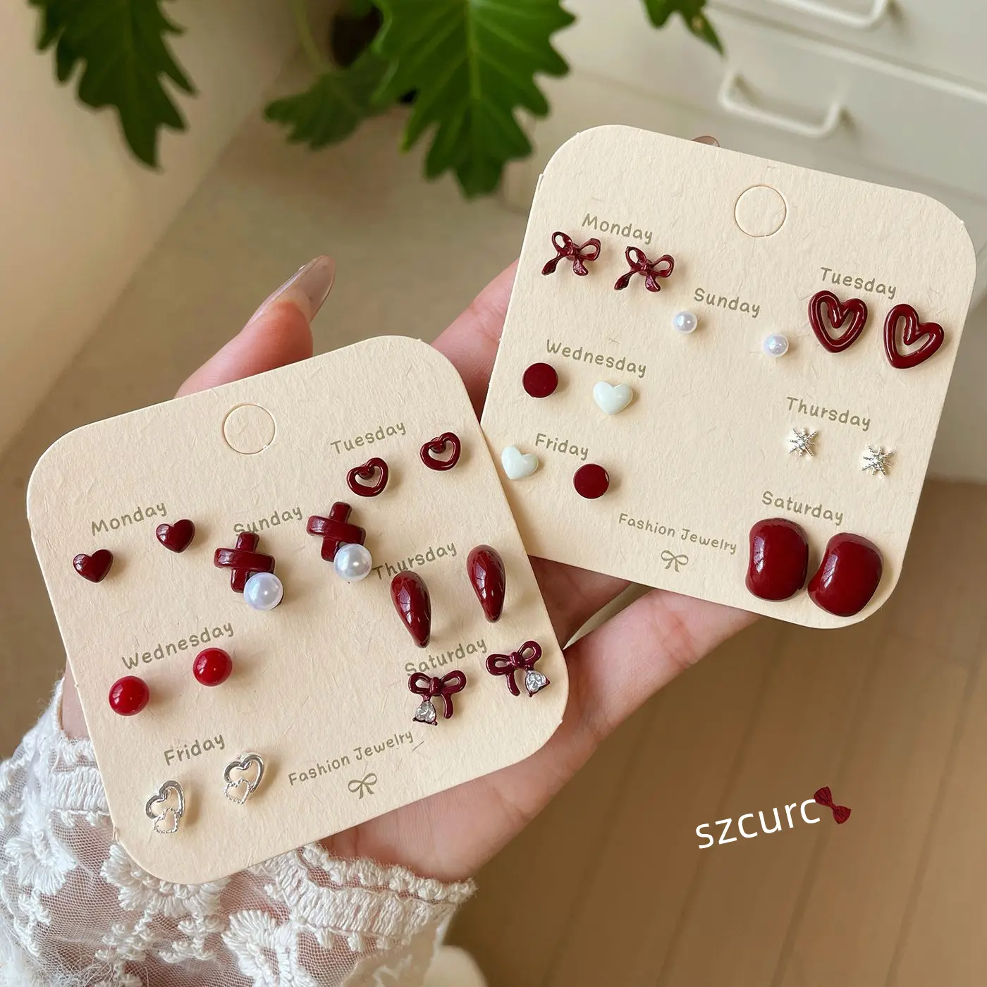 Bông Tai Họa Tiết Nhỏ Ancora Hàn Quốc, Bộ 7 Chiếc, Màu Đỏ, Thích Hợp Cho Mùa Thu Và Mùa Đông, Kim Bạc, Dành Cho Nữ, Phong Cách Cổ Điển Nơ Ngọt Ngào Thích Hợp Cho Học Sinh Hoa Hoa Tai