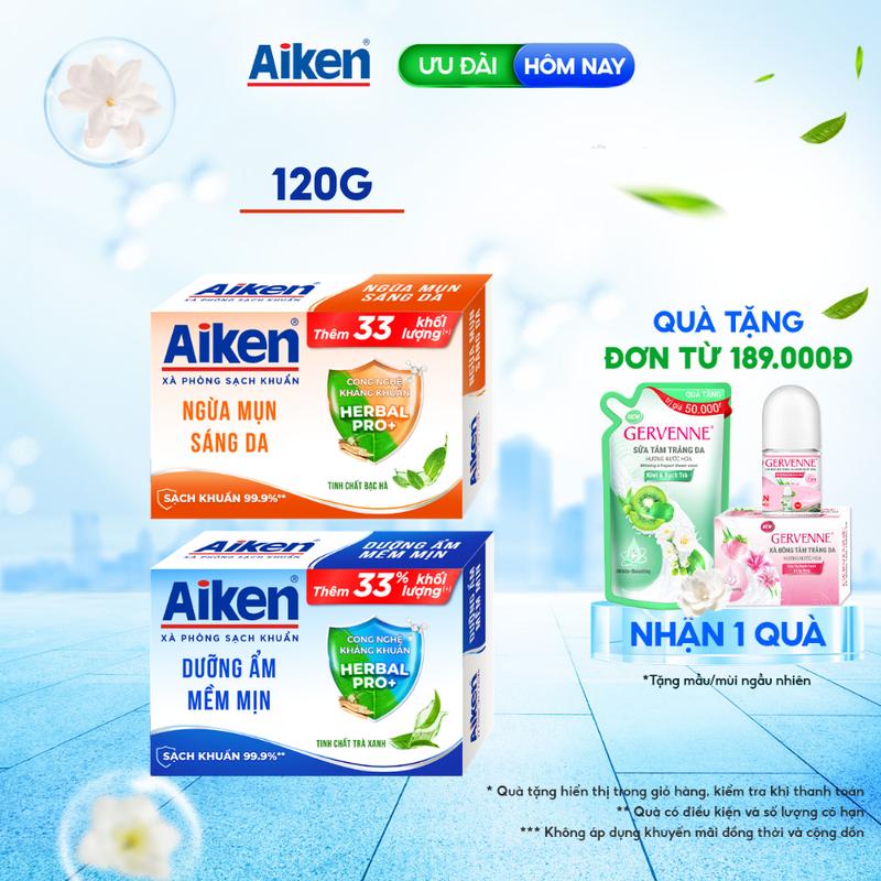 Xà phòng Aiken sạch khuẩn Dưỡng Ẩm Mềm Mịn chiết xuất Trà xanh/Bạc Hà 120g