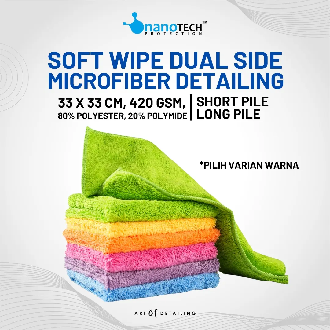 KAIN MICROFIBER CLOTH DETAILING - nanoTECH PROTECTION - 33X33 CM 420GSM SOFT WIPE - DUAL SIDE SHORT PILE & LONG PILE - PREMIUM QUAITY HALUS TEBAL - DUA SISI BOLAK BALIK - KAIN LAP MICROFIBER MOBIL MOTOR - MICROFIBER EDGELESS DRYING TOWEL