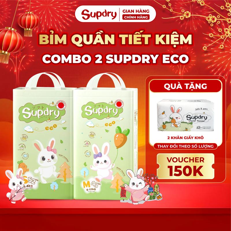 CÓ QUÀ COMBO 2 Tã Bỉm Quần Supdry Bỉm Supdry Eco Siêu Mềm Mỏng Thoáng Khí Thấm hút tốt Cho bé size M L XL XXL 3XL + Quà tặng