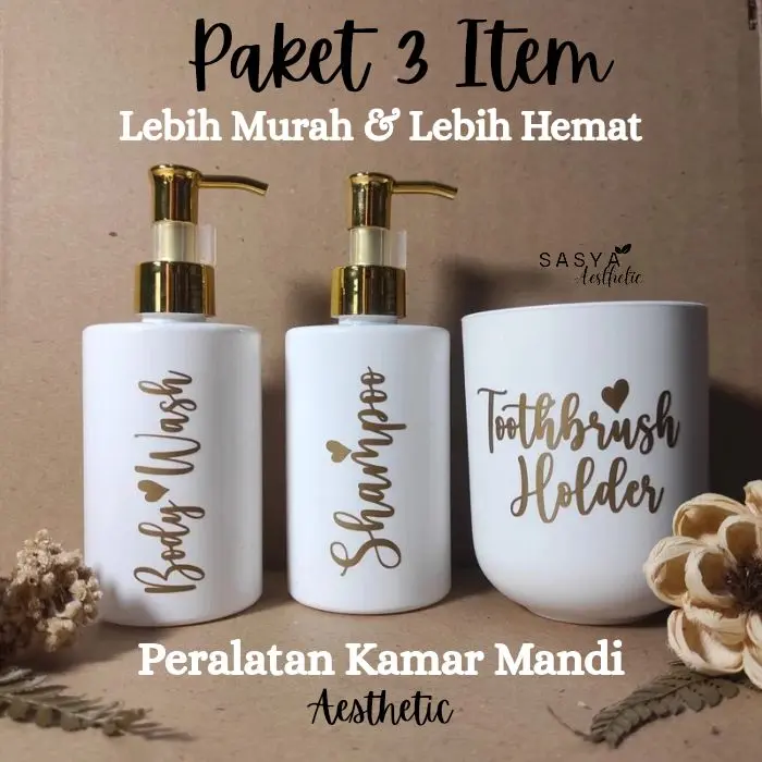 Paket Peralatan Kamar Mandi Botol Sabun & Shampo Pump Plastik Aesthetic Gelas Tempay Sikat gigi dispenser odol Putih Gold & Silver Lebih Murah & Hemat (T1P) 0