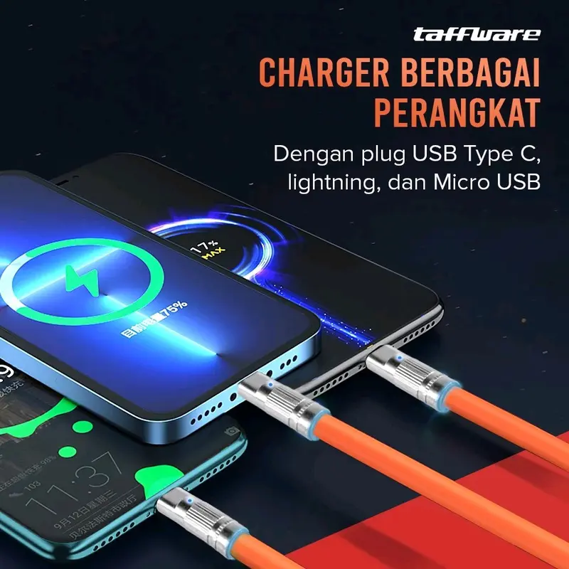 Kabel Cas HP 3in1 120W 6A Fast Charge Cable 3 In 1 For Micro Type-C Lightning Iphone Super Charge USB Zinc Protection Data Kable Charger 1
