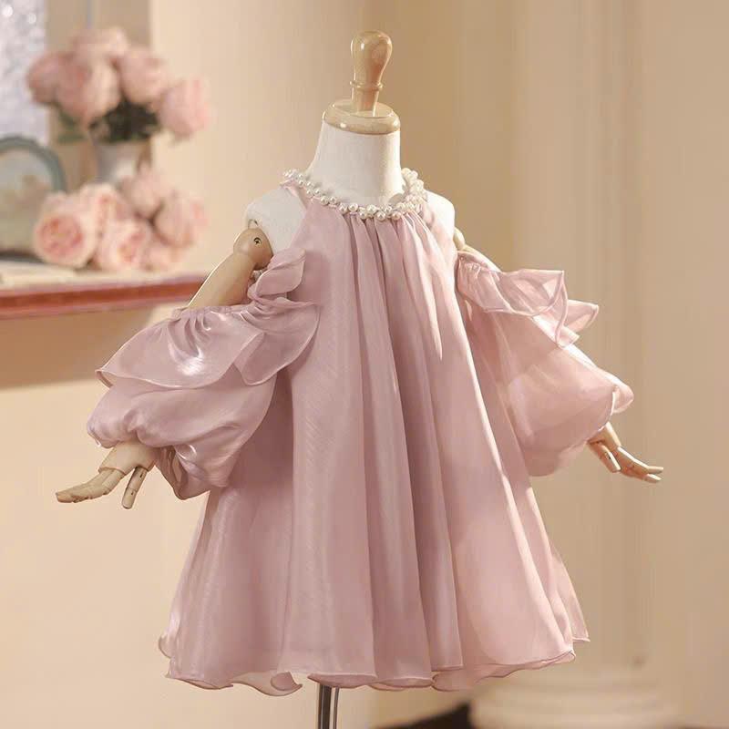 Đầm kiểu trễ vai bé gái baby doll vải tơ cổ đính hạt sang chảnh đầm thiết kế dự tiệc tiểu thư đầm đôi mẹ và bé gái