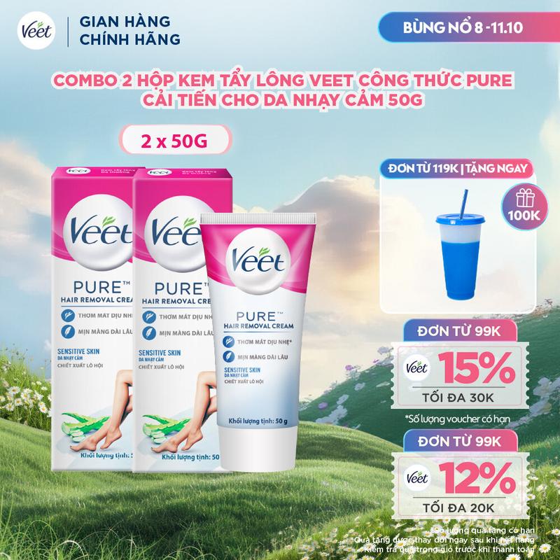Combo 2 hộp Kem tẩy lông Veet công thức Pure cải tiến cho da nhạy cảm 50g