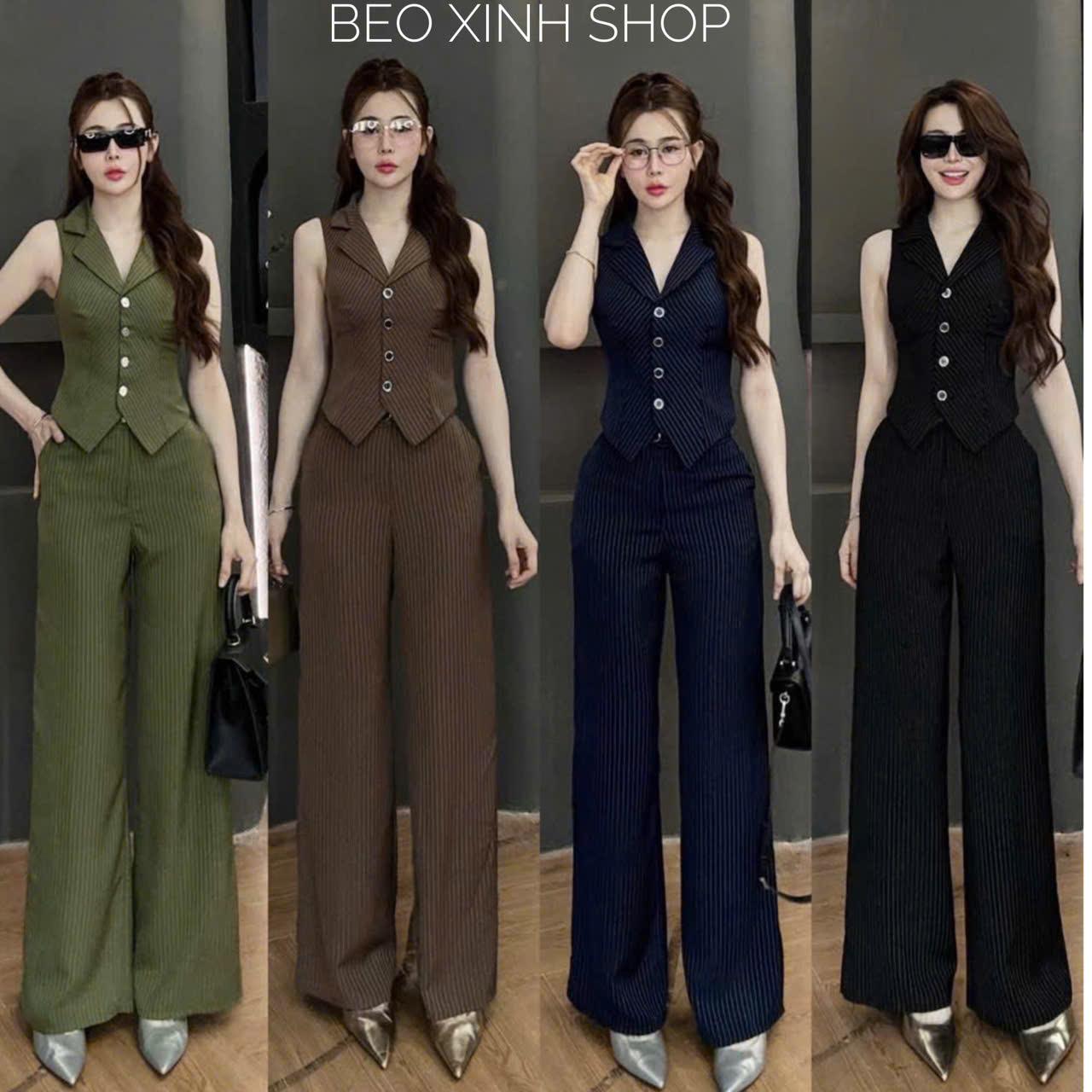 Set Quần Áo Phối Cổ Tim Vải Sọc Chỉ Cao Cấp Thanh Lịch Cho Các Nàng Từ 40 - 90Kg Nữ Top Women Xoè Béo Xinh Shop - A.1583