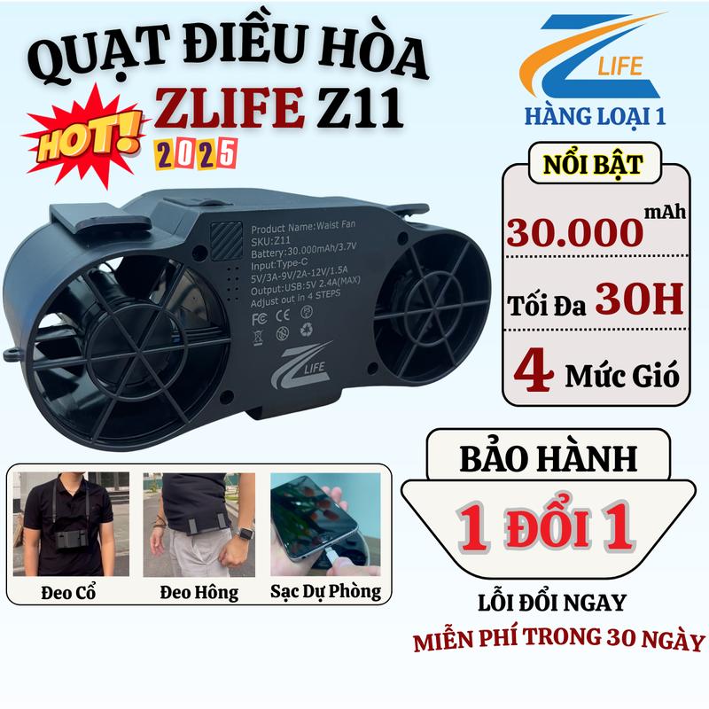 Quạt Điều Hòa Đeo Thắt Lưng Đeo Cổ , Quạt Sạc Tích Điện Z11 Siêu Mát, Pin Trâu 30.000mah, Hoạt Động Tới 40 Giờ, 4 Cấp Độ Gió Phù Hợp Cho Người Làm Việc Ngoài Trời, Đi Du Lịch, Cắm Trại, Mất Điện Cực Kỳ Tiện Lợi