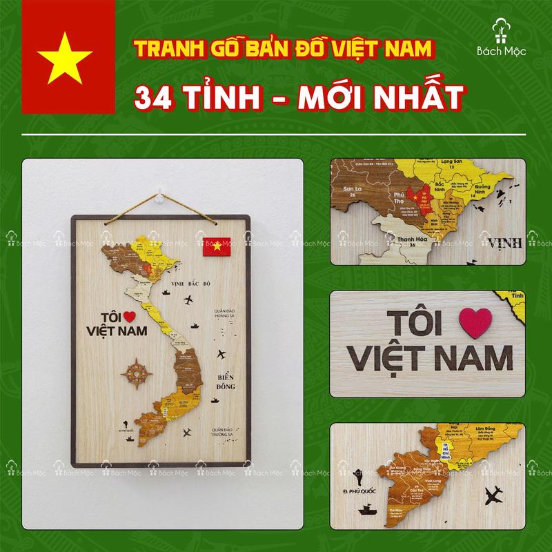[34 Tỉnh thành][Size Nhỏ 28,38cm] Khung tranh gỗ 3D Bản đồ Việt Nam 34 Tỉnh thành đầy đủ Quần đảo Hoàng Sa và Quần đảo Trường Sa treo tường (đã lắp ghép sẵn) Trang trí Decor của nhà Bách Mộc