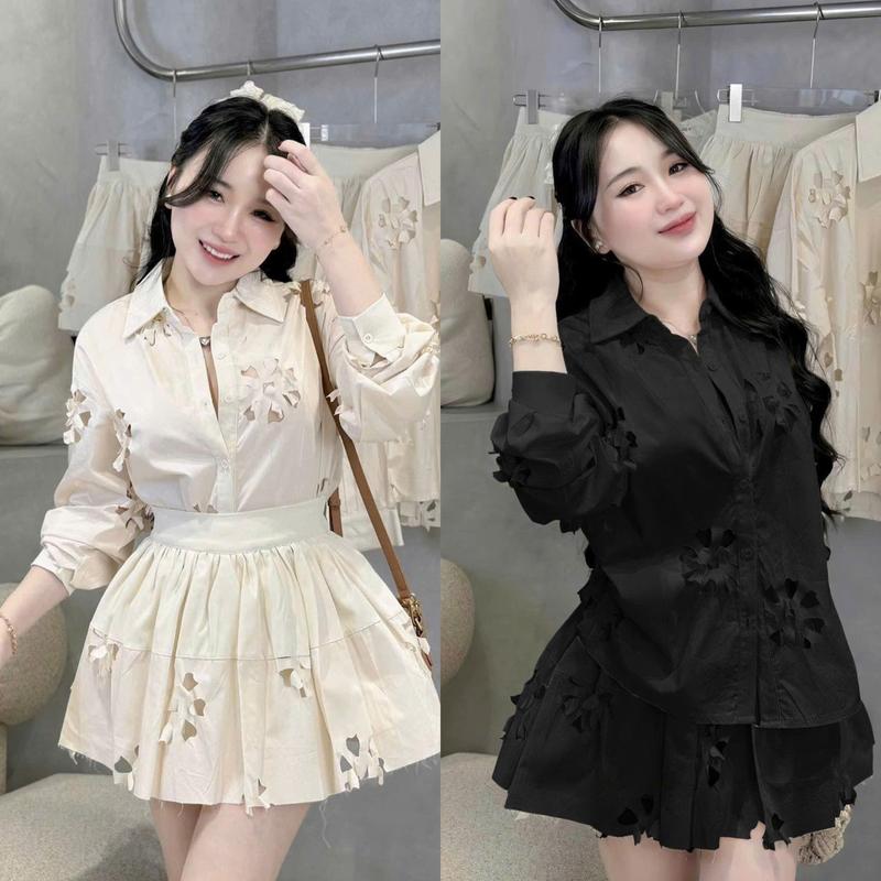 BIGSIZE HIẾU HIẾU (55-95KG) - Set thời trang nữ hoa rách Áo sơ mi tay dài + Chân váy dáng xoè S610