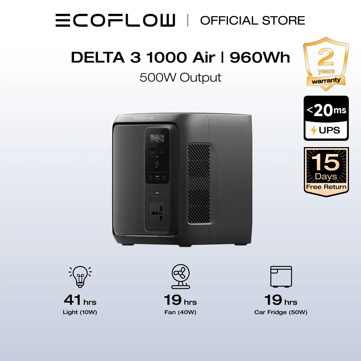 EcoFlow DELTA 3 1000 Air Portable Power Station 960Wh LiFePO4 Battery, 500W  AC Output &<20MS UPS, Fast Charging Use as a Solar Generator for Home  Backup Power Camping RVs - TikTok Shop Philippines