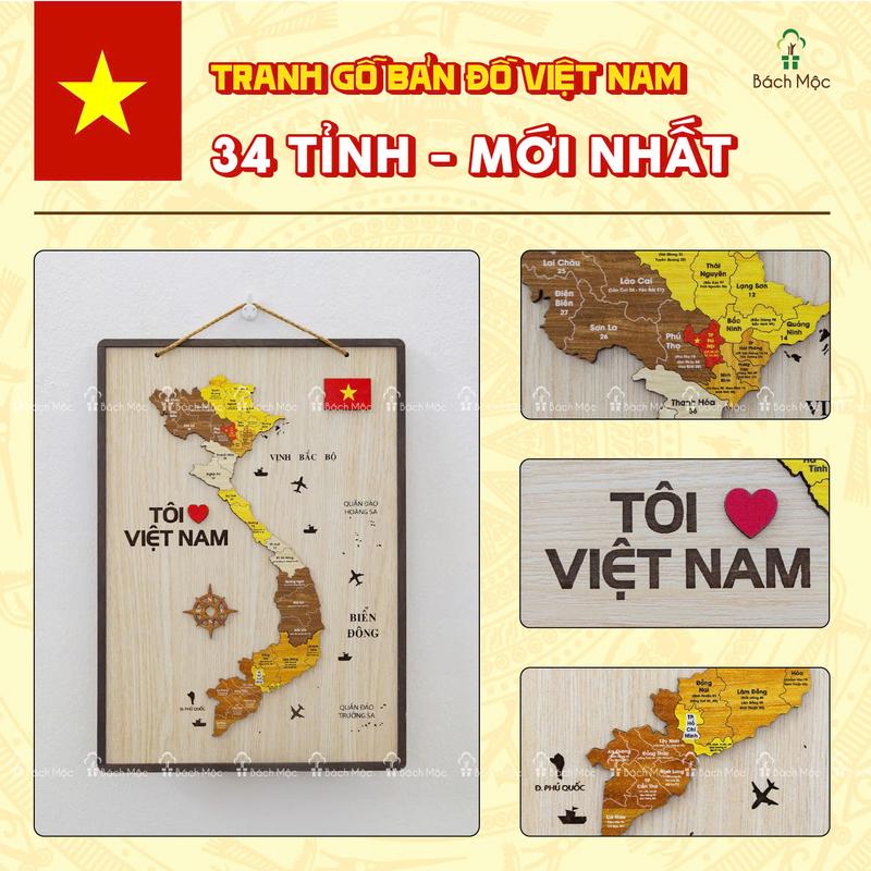 34 Tỉnh thành Size TO 58,70cm Khung tranh 3D gỗ Bản đồ Việt Nam 34 Tỉnh thành đầy đủ Quần đảo Hoàng Sa và Quần đảo Trường Sa treo tường đã lắp ghép sẵn Trang trí Decor của nhà Bách Mộc